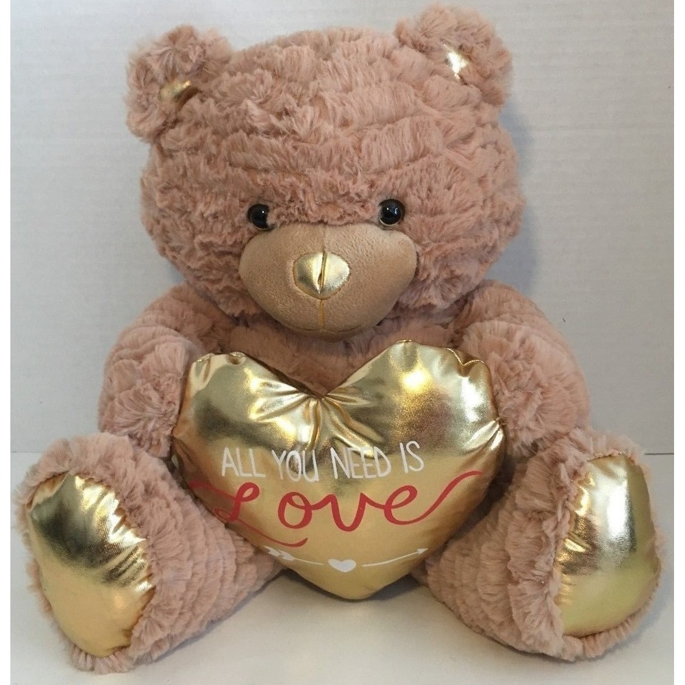 Animal Adventure Teddy Bear Tan brown gold heart "All you need is love" plush